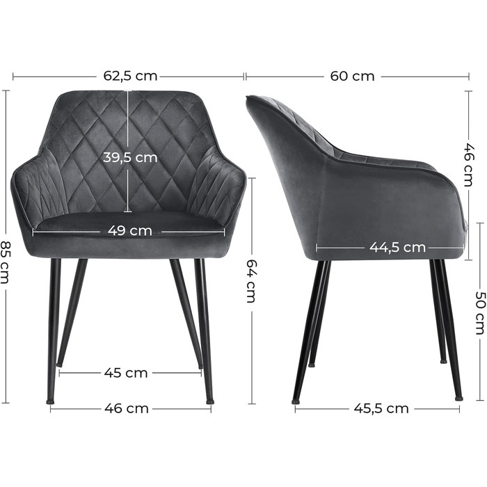 Крісла SONGMICS для їдальні, 2 шт., з підлокітниками, оксамитовий чохол, металеві ніжки, до 110 кг, сірі