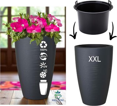 Горщик для квітів MELTOM Blumenkübel, XXL-58см, антрацит, знімний вкладиш, горизонтальні смуги