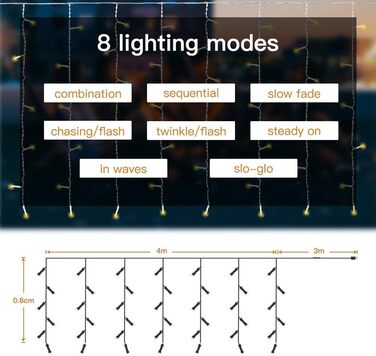 Світлова штора Elegear 4M 144 LED, IP44, 8 режимів, теплий білий, різдвяна прикраса