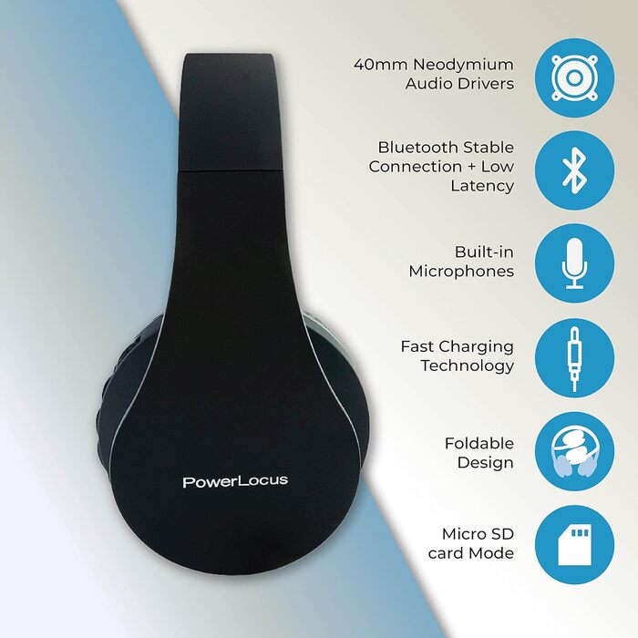 Накладні навушники PowerLocus Bluetooth, HiFi стерео, складні, з мікрофоном, SD/TF, FM-радіо, Чорний/Синій