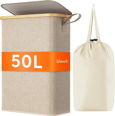 Кошик для білизни Lifewit 50L з кришкою, бамбуковий, з ручкою, для квартири, гуртожитку, кемпінгу, бежевий
