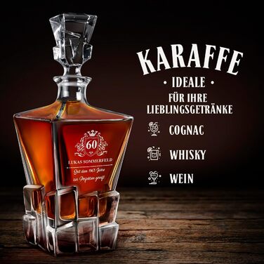 Мавертон Карафа для віскі 950 мл + Набір з 6 склянок для віскі з гравіюванням - Декантер для віскі - Подарунок на Різдво - Люксовий дизайн - Крісталльне скло - для чоловіків на день народження - Корона