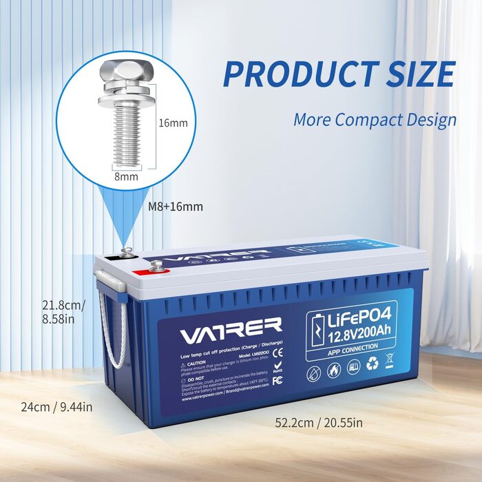 Літієва батарея VATRER POWER 12V 100AH LiFePO4 з Bluetooth, 100A BMS, 5000 циклів, 1280 Вт, захист від низької температури