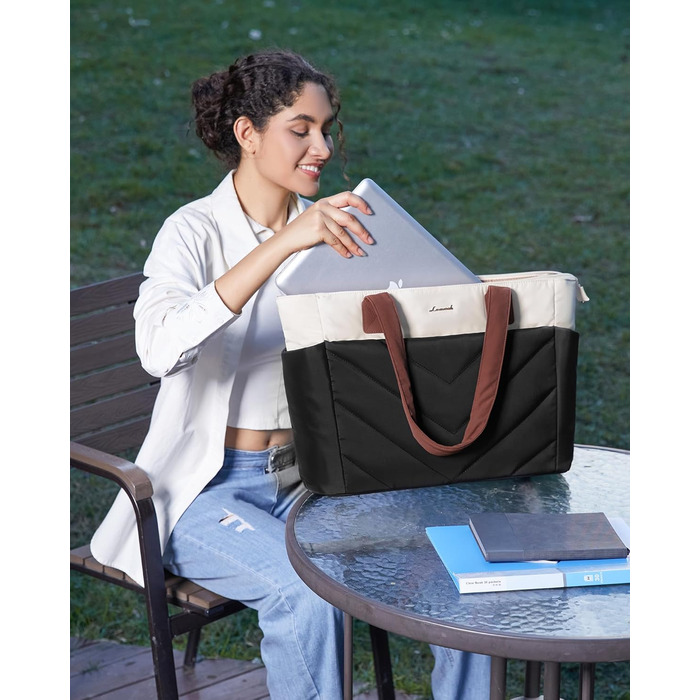 Сумка для ноутбука LOVEVOOK 15.6 дюймів, жіноча: шопер, велика робоча сумка, для навчання, універсітету, бізнесу (чорно-біро-коричнева)