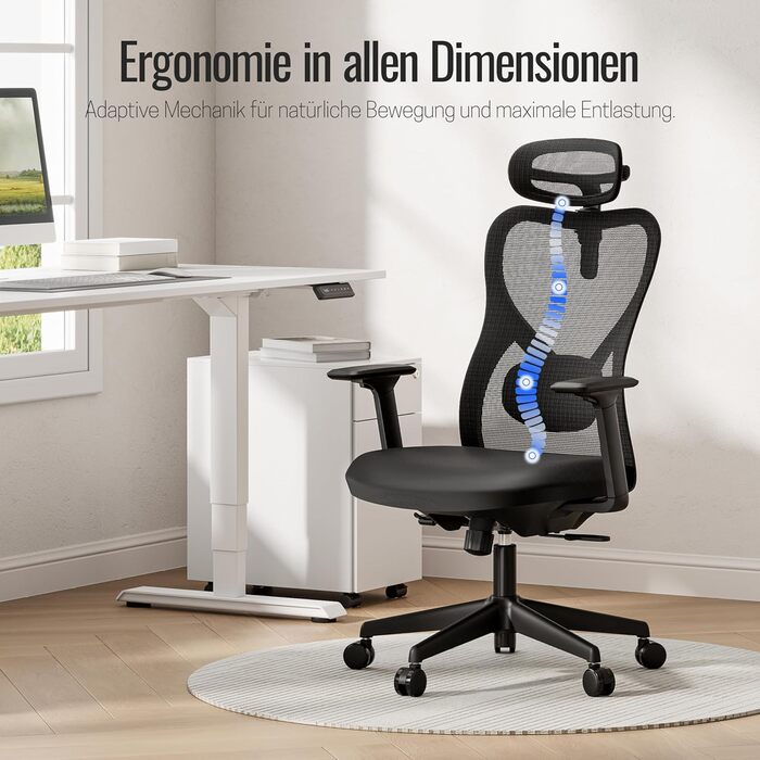 Yaasa Chair Plus: Ергономічне офісне крісло з підголівником, 2D-підтримкою попереку та 4D-підлокітниками. Переможець тесту! Чорний, до 150 кг.