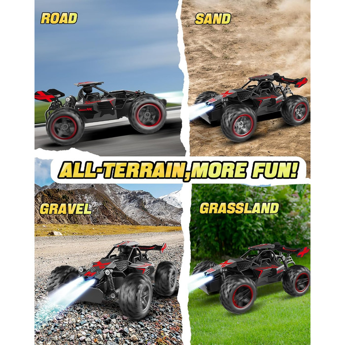 RC Автомобіль на радіокеруванні 2.4GHz, Monstertruck 15+ км/год зі світлодіодами, іграшка для хлопчиків, чорно-червоний (сірий/зелений)