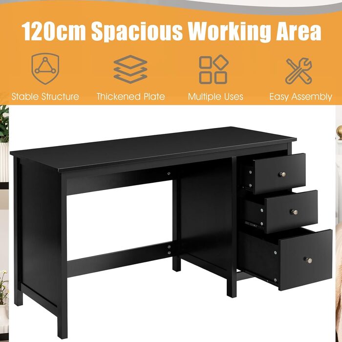 LIFEZEAL Стол письмовий з 3 шухлядами, комп'ютерний стіл 120x50 см, білий/чорний для офісу/кабінету