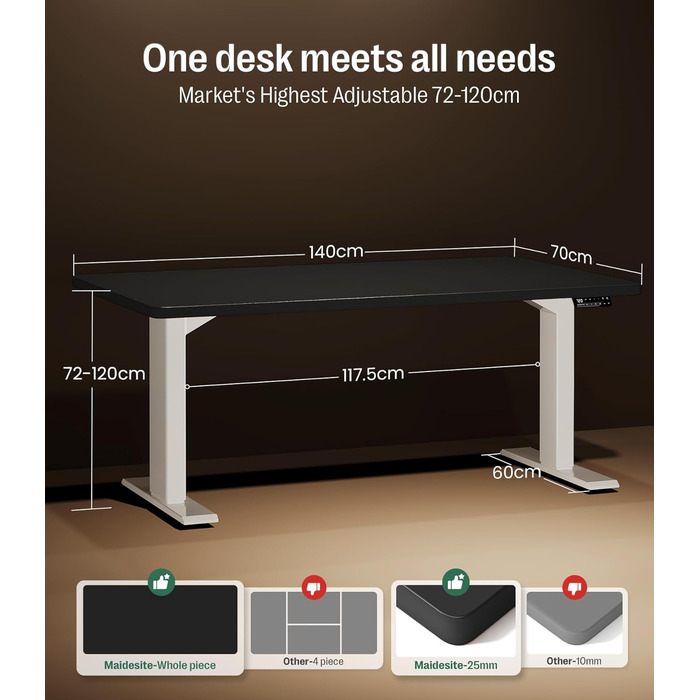 Регульований стіл MAIDeSITe S2 Pro (160x80 см) з електроприводом, чорний, білий каркас, 160 кг, захист від зіткнення