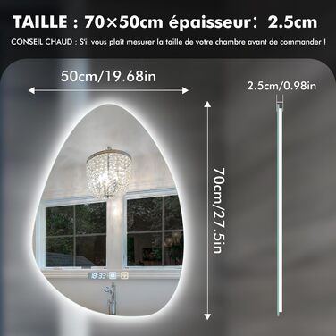 Дзеркало для ванної кімнати Worshow з підсвіткою 50x70 см: LED, регулювання яскравості, протитуманне покриття, 3 режими, таймер, пам'ять, сенсорне управління