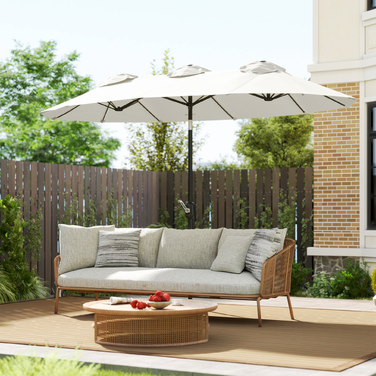 Сонячний парасоль, садовий парасоль, регульований нахил, з ручним механізмом, захисне покриття від вітру, поліестер + сталь, кремово-білий, 295 x 152 см