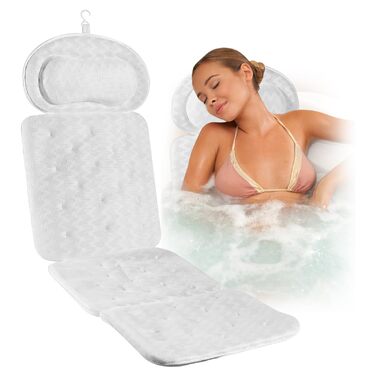 Подушка для ванни з піни memory foam, біла, з присосками, для шиї та спини, 4D вентиляція, 6 присосок (довга, квадратна)
