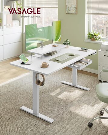 VASAGLE Регульований стіл, моніторний підставка, ящик, USB-C, нагадування про сидячий спосіб життя, для офісу, 140 x 70 см, Wolkenweiß