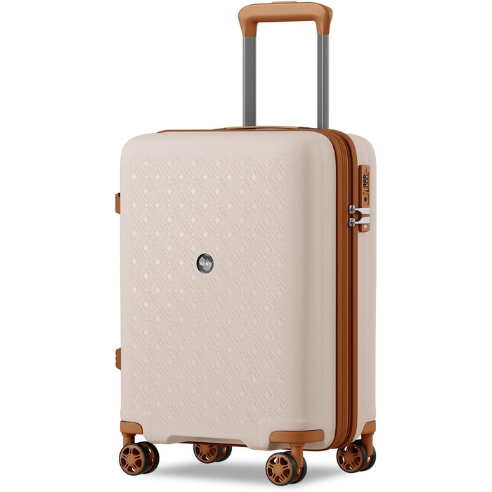 Чемодан ручної поклажі KONO з тримачем для напоїв, жорсткий, легкий, з поліпропілену, розширюваний, 4 колеса, TSA-замок, кремовий/коричневий, M