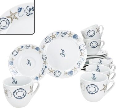 MamboCat Neptun - 18-ти елементний кавовий сервіз для 6 осіб з порцеляни з морськими мотивами (якір, мушля)