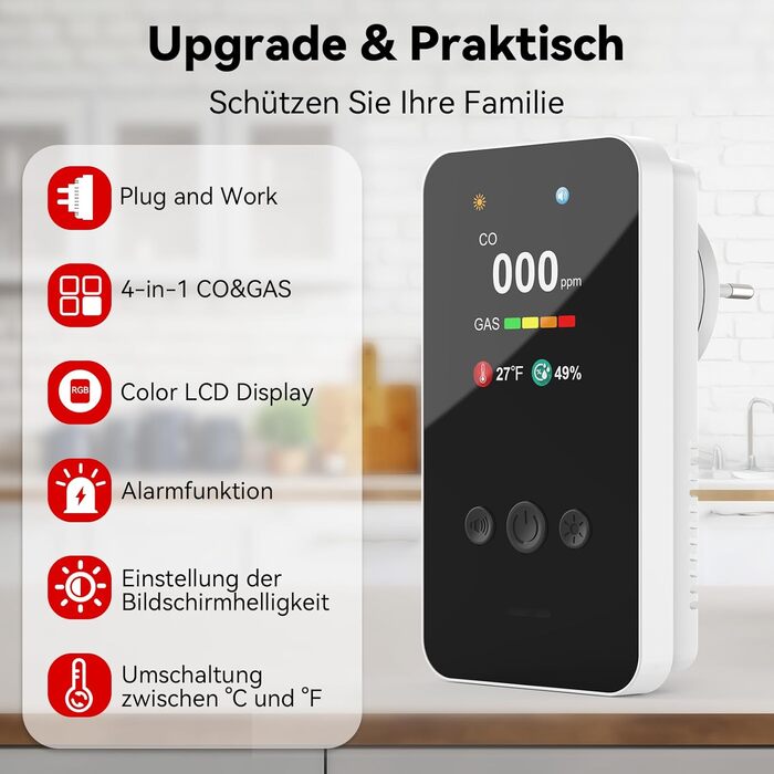 Детектор чадного газу та газу з вилкою, 4-в-1 CO-детектор з датчиком температури та вологості, з акустичним сигналом для дому та автодому, 1 шт. (Чорний) (Weiß 1 Quadrat)