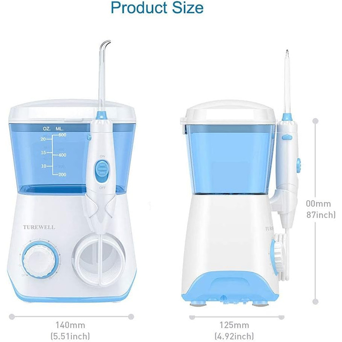 Електричний ірригатор для порожнини рота TUREWELL з 10 рівнями тиску та 8 насадками, IPX7, 600 мл, для дому (відбілювання)