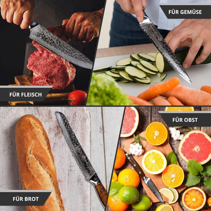 Набір кухонних ножів Stallion Damast з ручкою Ironwood - Японський дамаський сталь VG10, V-подібний край 10 градусів