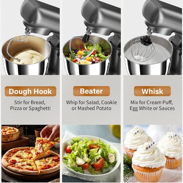 Кухонна машина-міксер з двома чашами 2.5L+3L, 10 швидкостей, 1500W, з гаком для тіста та насадкою для збивання, для випічки та щоденного приготування їжі (сріблясто-сірий)