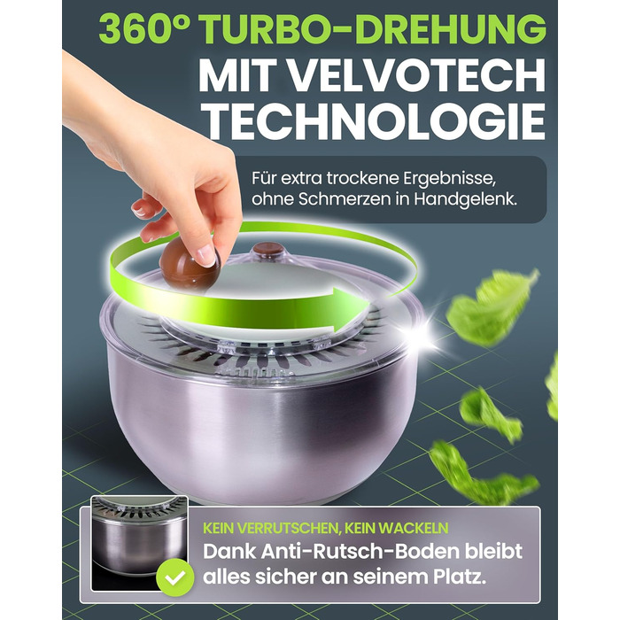 Салатниця-швидкокрутка VELVOMAX 6в1 з нержавіючої сталі, 4.5L - 6 функцій: нарізник овочів, сервіровочна чаша та спіннер для салатів. Можна мити в посудомийній машині, з антиковзним дном та кришкою. Ідеально для любителів готувати.