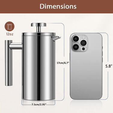 Френч-прес MaxMiuly для кави, 0,35 л, нержавіюча сталь, з подвійними стінками, 2 сита, сріблястий