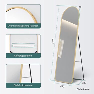 Підлогове дзеркало EMKE дзеркало в повний зріст з алюмінієвою рамою настінне дзеркало в повний зріст дзеркало в повний зріст дзеркало в спальню, вітальню, передпокій і гардеробну (золото, 147x45 см)