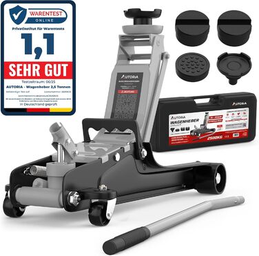 Гідравлічний домкрат Wagenheber 2.5T низькопрофільний для легкових авто та авто з низькою посадкою, до 2500 кг, з кейсом, 3 гумові накладки + адаптер (світло-сірий)