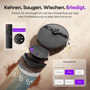 Робот-пилосос MONSGA з функцією миття, 5000Pa, час роботи 180 хв, система захисту від ковтунів, LiDAR навігація, для килимів та шерсті тварин, керування через додаток та пульт (чорний)