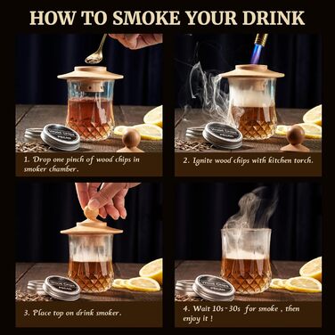 Набір для копчення віскі – Old Fashioned Cocktail, з 6 ароматичними дерев'яними чіпсами, 4 гранітними каменями для віскі, запальничкою та аксесуарами для любителів віскі та коктейлів (без бутану). Класичний набір