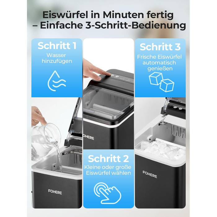 Льодогенератор Fohere портативний з ручкою, 14 кг/24 год, кулі 9 шт за 5 хв, 2 розміри, самоочищення, для дому, кухні, офісу, кемпінгу, вечірок