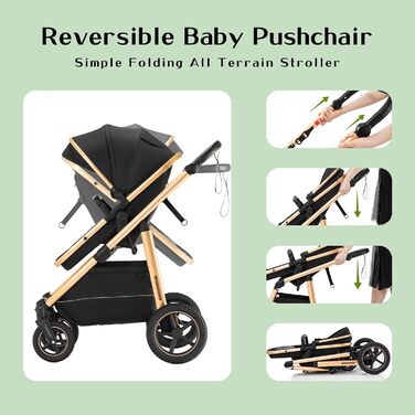 Дитяча коляска 3-в-1 | Комбінована коляска з автокріслом | Візок з регульованою ручкою | Алюмінієвий каркас | Москітна сітка | для новонароджених 0-4 роки, Зелений