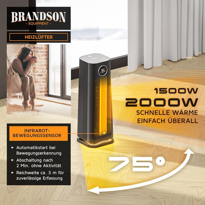 Обігрівач Brandson з пультом керування, 2000 Вт, ECO режим, осциляція, захист від дітей, таймер, LED-підсвічування, для ванної, вітальні, офісу, дитячої кімнати