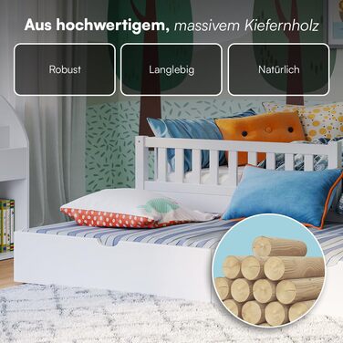 Ліжко дитяче Bellabino Vils 90x200 см – ліжко для малюків з бортиками, ламелі, Монтессорі, з масиву сосни, біле, для хлопчиків та дівчаток, з місцем для зберігання, з гостьовим ліжком, з матрацом