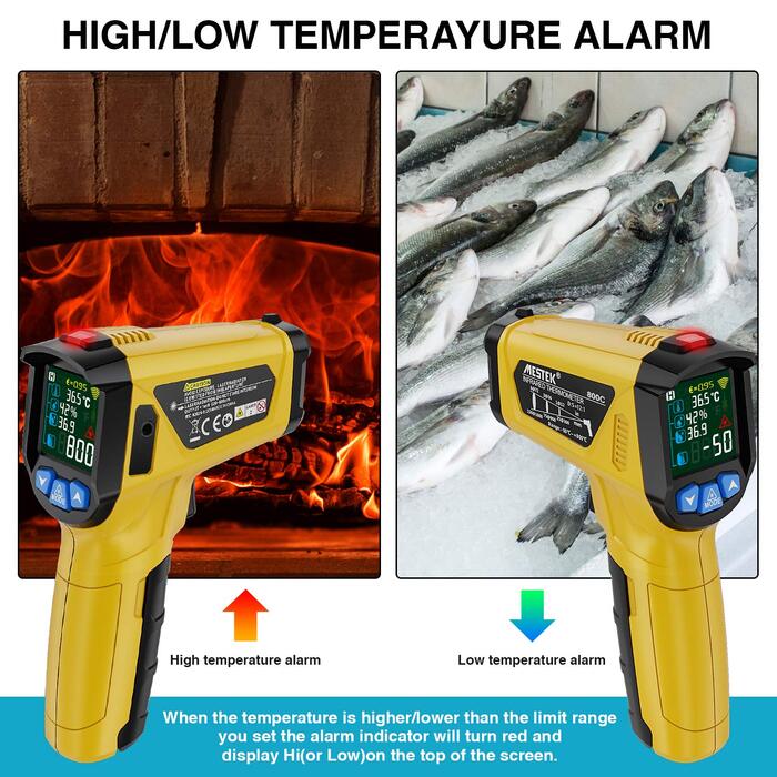 ІЧ-термометр MESTEK -50C 800C, безконтактний, кольоровий РК-дисплей, сигналізація, регульована випромінювальна здатність