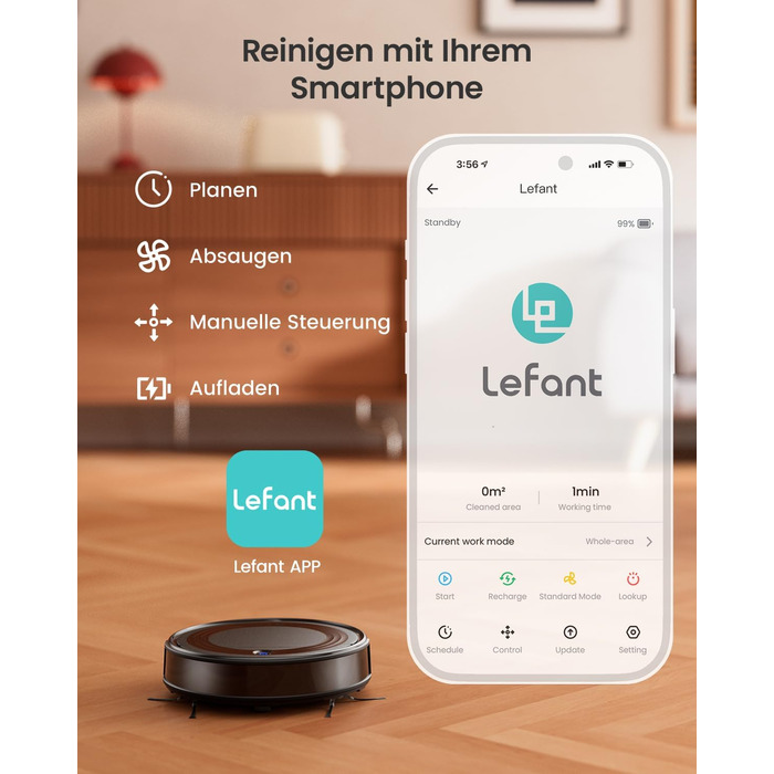 Робот-пилосос LEFANT M310: потужність 4500Pa, 180 хвилин роботи, 4 режими, Wi-Fi, керування через додаток та Alexa, для тварин та твердих підлог