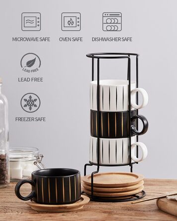 Набір кавових чашок Cappuccino HOME DECOR (4 шт, 160 мл) з підставками та стійкою - 160 мл, Stripe, кераміка