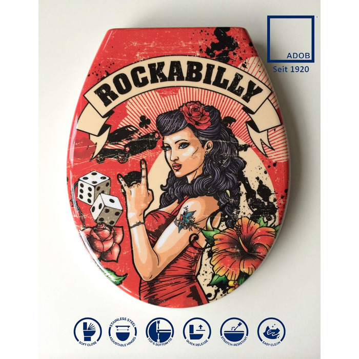 Дизайнерське сидіння для унітазу Rockabilly сидіння для унітазу кришка для унітазу з дюропласту, м'яке закриття, знімається для чищення, 59828