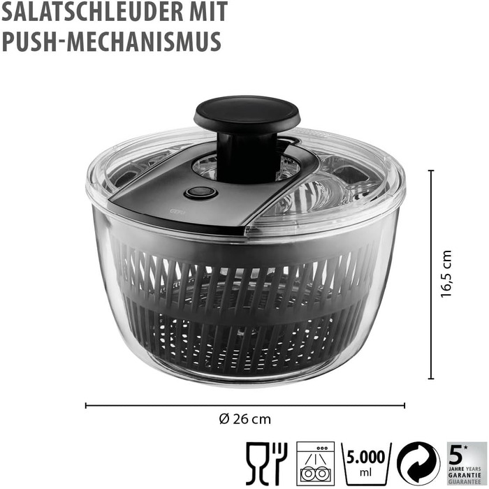 Салатниця-швидкообертач GEFU з кришкою для зберігання | 3л пластикова чаша з вбудованим ситом та ручним приводом | Чорний/Сірий колір