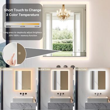 Дзеркало для ванної кімнати LUVODI з підсвічуванням 40x50 см: регульоване LED дзеркало з 3 кольорами світла, 2 сенсорні кнопки, запобігає запотіванню, водонепроникне, монтаж на стіну (горизонтальний/вертикальний)