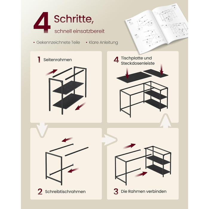 Кутовий стіл VASAGLE L-подібний з полицею, комп'ютерний стіл з місцем для зберігання, офісний стіл для дому, 120 x 80 см, Чорний горіх