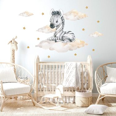 Наклейка на стіну для дитячої кімнати Pandawal, наклейка на стіну у вигляді зебри з хмарами, зірками, наклейка на стіну для хлопчиків і дівчаток, наклейка на стіну з тваринами для сафарі (L, Зебра)