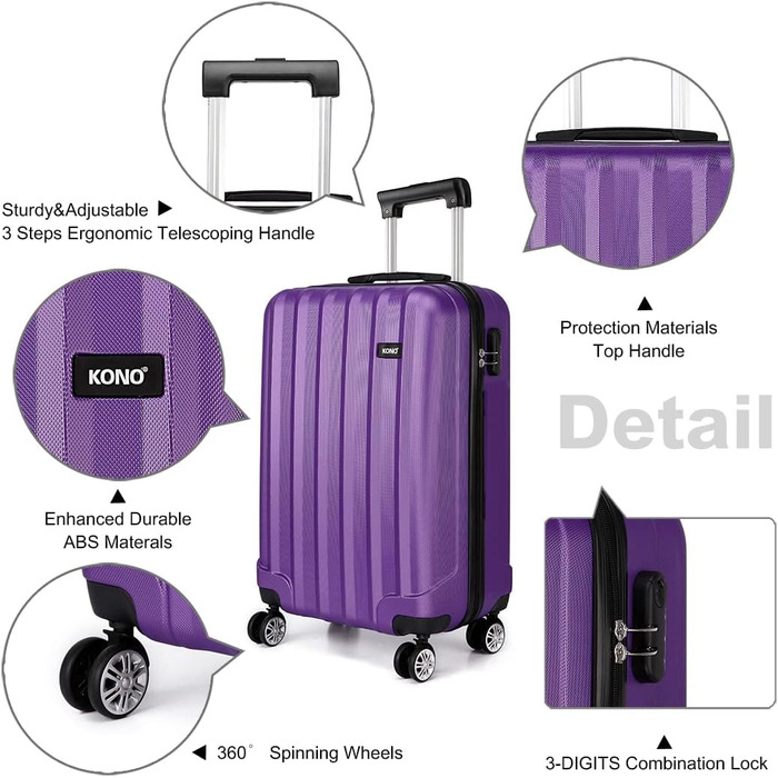 KONO Легкий ручний багаж, 55 x 35 x 20 см, жорсткий корпус, ABS, 4 колеса, ручна поклажа, валіза (фіолетовий)