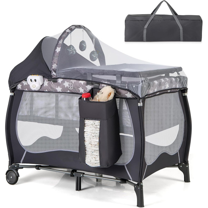 Дитяче ліжко-манежа DREAMADE 102x72 см, 3 в 1: ліжко, манежа, бебі-центр з матрацом, колесами, москітною сіткою та пеленальним столиком для новонароджених та дітей 0-36 місяців (сірий)