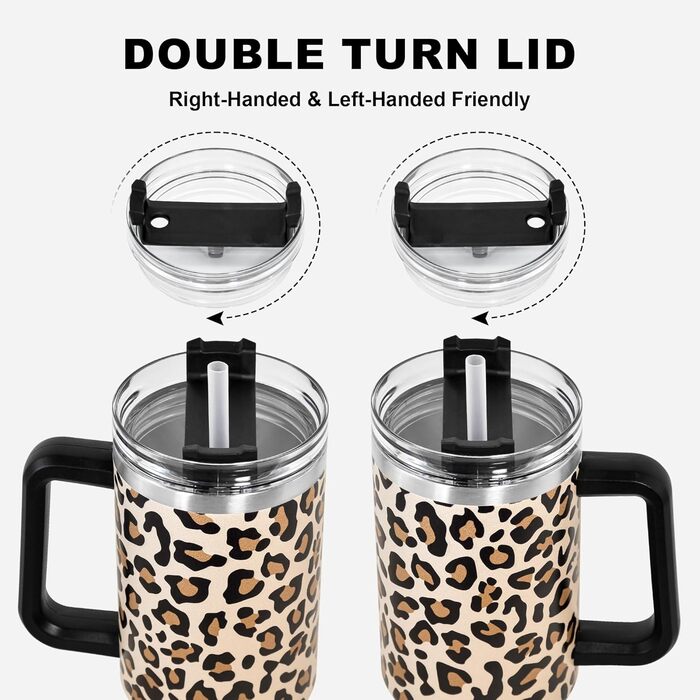 Термокружка FECBK з трубочкою та ручкою, 1.2L, не протікає, з нержавіючої сталі, вакуумна ізоляція, 12 год гаряча / 34 год холодна, дизайн Gepard Cheetah