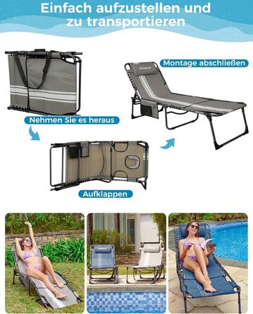 Шезлонг KingCamp великого розміру, розкладний, 5 положень, для саду, відпочинку, кемпінгу, з подушкою та кишенею, до 200 кг, 200 x 68 см, сірий