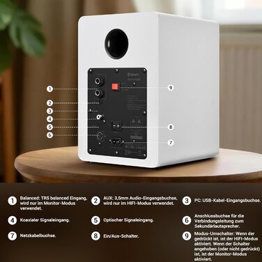Sanyun SW206: 4-дюймові Hi-Fi акустичні колонки з режимом Studio, 80W, Bluetooth 5.4, USB DAC, для програвачів, TV, PC, MDF корпус, білі