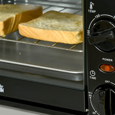 HOMCOM Міні-духовка 10 л, 750 Вт, до 230°C з таймером на 60 хв, мала електрична духовка, в комплекті з дека та решітки, розміри 36,5x26x22 см, чорна