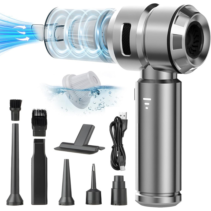 Бездротовий портативний автомобільний пилосос, потужний циклонний міні-пилосос 23000Па з USB-зарядкою для авто, дому та офісу, сріблястий