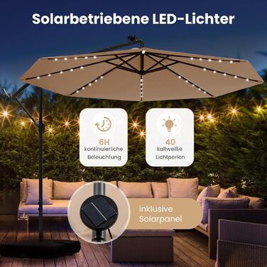 Парасолька від сонця COSTWAY 300 см з підставкою та LED-підсвіткою, бежева — садова парасолька-ампел з ручкою-коробкою та UV-захистом для тераси, басейну та двору