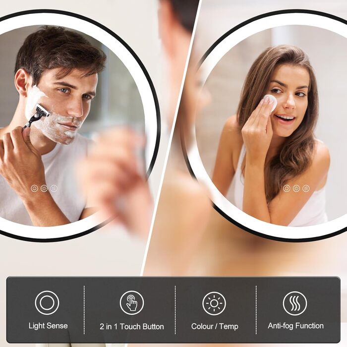 Круглий LED-дзеркало для ванної кімнати ChillCruiser 50 см з чорною рамою, антизапар, 3 кольори, 500 мм