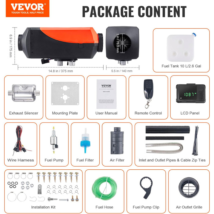Дизельний повітряний опалювач VEVOR 12/24V 2kW з LCD-дисплеєм та пультом керування для авто, фургонів, автобусів